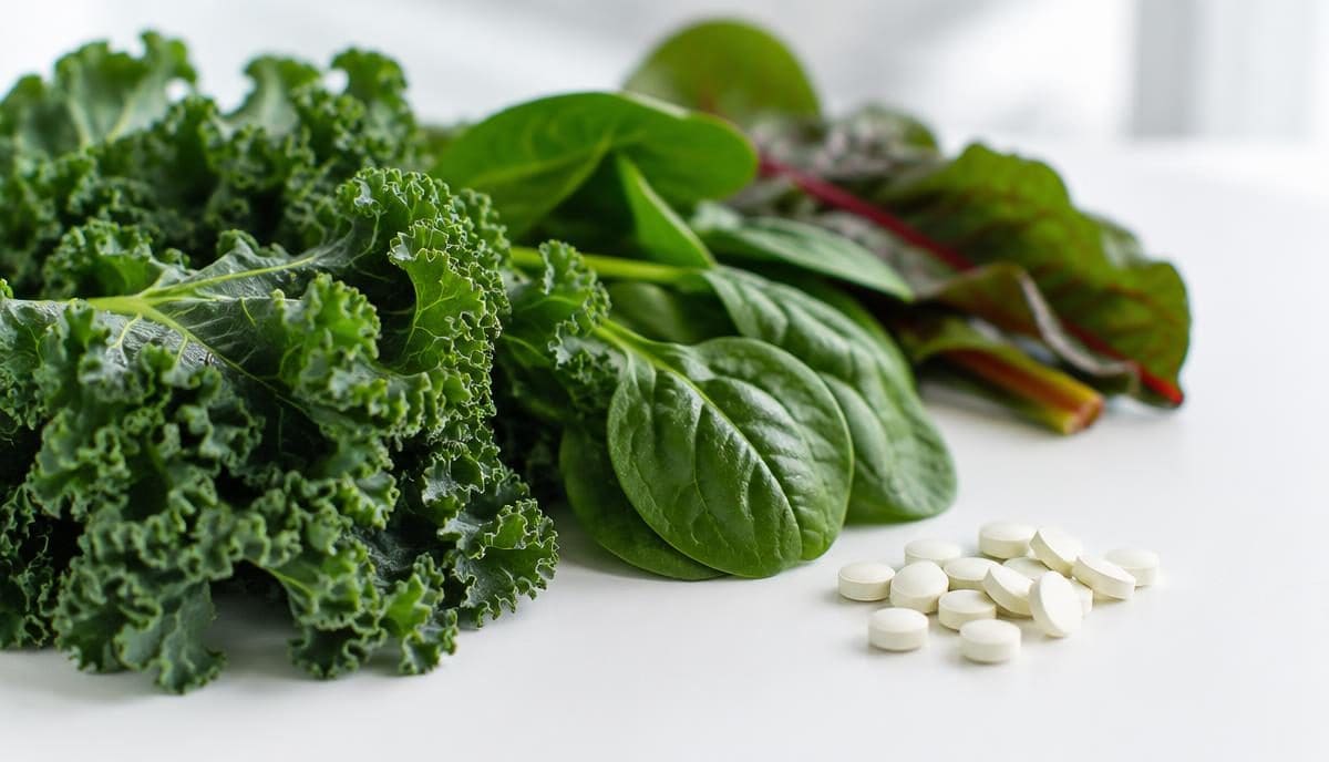 DoseRoutine Folate Folate capsules beside fresh spinach leaves on a clinical surface