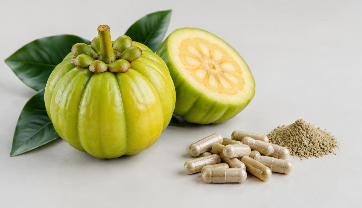 DoseRoutine Garcinia Cambogia Fresh garcinia fruit beside green herbal capsules