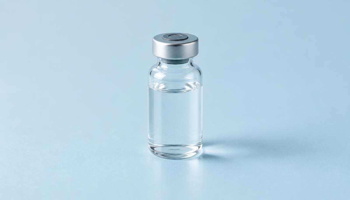DoseRoutine GHRH (1-29) Sealed peptide vial with white powder on a cool clinical bench