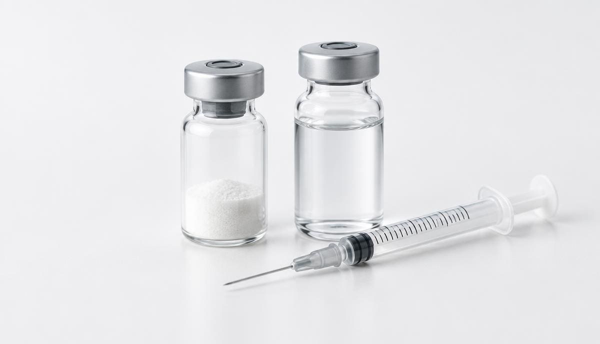 DoseRoutine HCG Powder vial and diluent ampoule on a white clinical tray