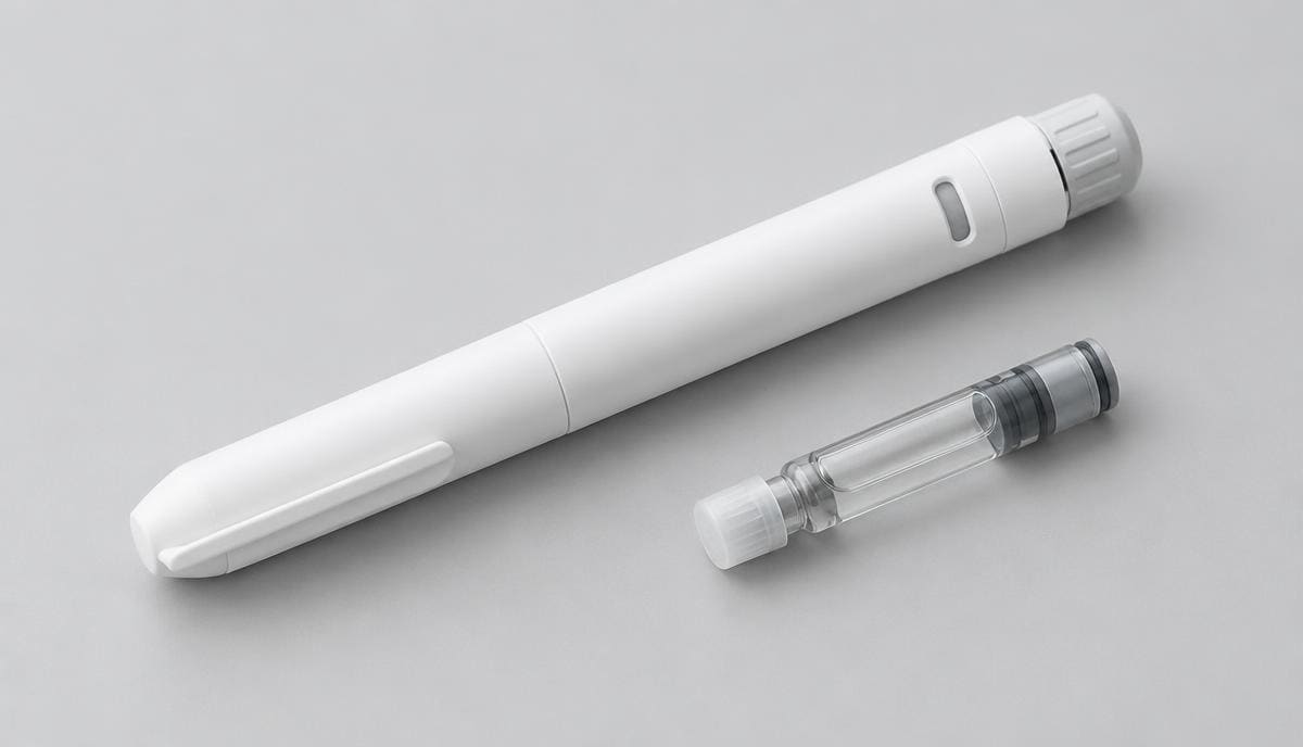 DoseRoutine HGH (Somatropin) Refrigerated injection pen and cartridge on a cool white surface
