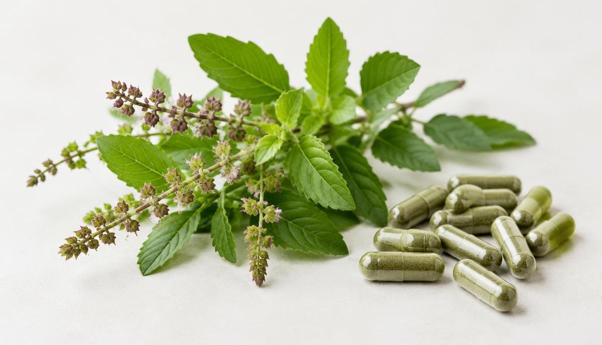 DoseRoutine Holy Basil Fresh holy basil leaves beside green herbal capsules