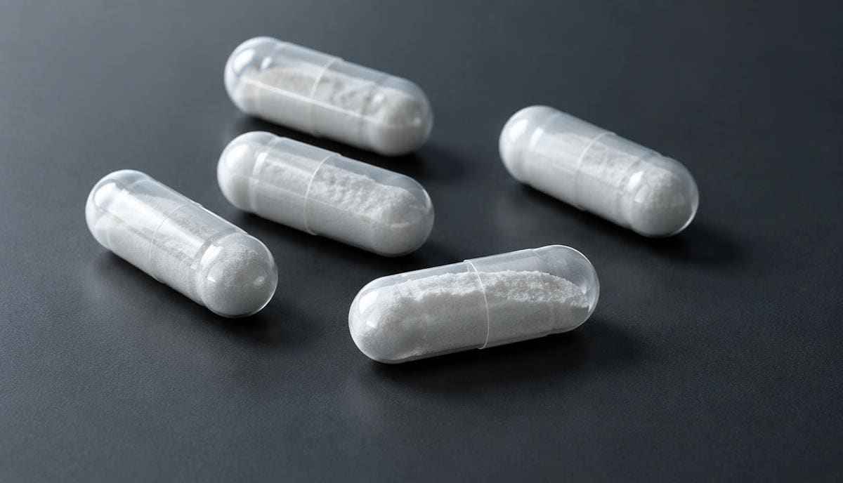 DoseRoutine Hordenine Fine white powder beside white capsules on grey