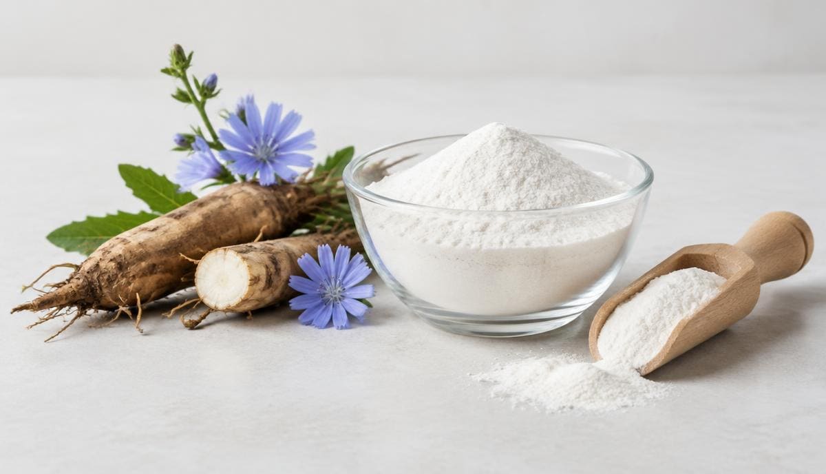 DoseRoutine Inulin (Prebiotic) Fine white prebiotic fibre powder with a wooden scoop