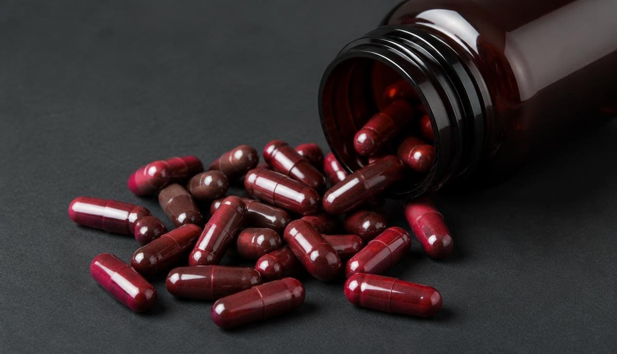DoseRoutine Iron (ferrous bisglycinate) Dark red iron capsules spilling from an amber bottle onto charcoal