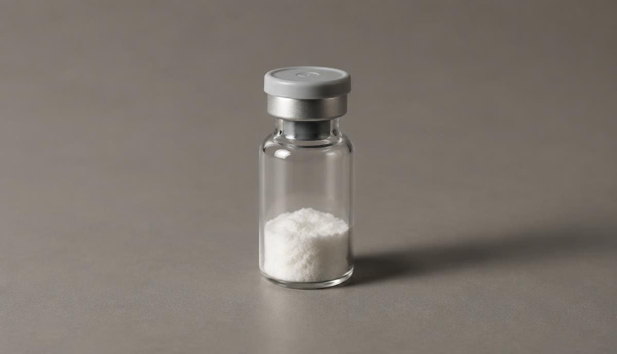 DoseRoutine KPV Small peptide vial with fine white powder on a matte surface