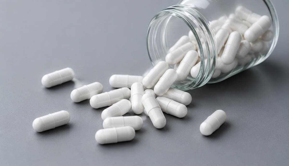 DoseRoutine L-Arginine White crystalline powder in a glass dish beside capsules