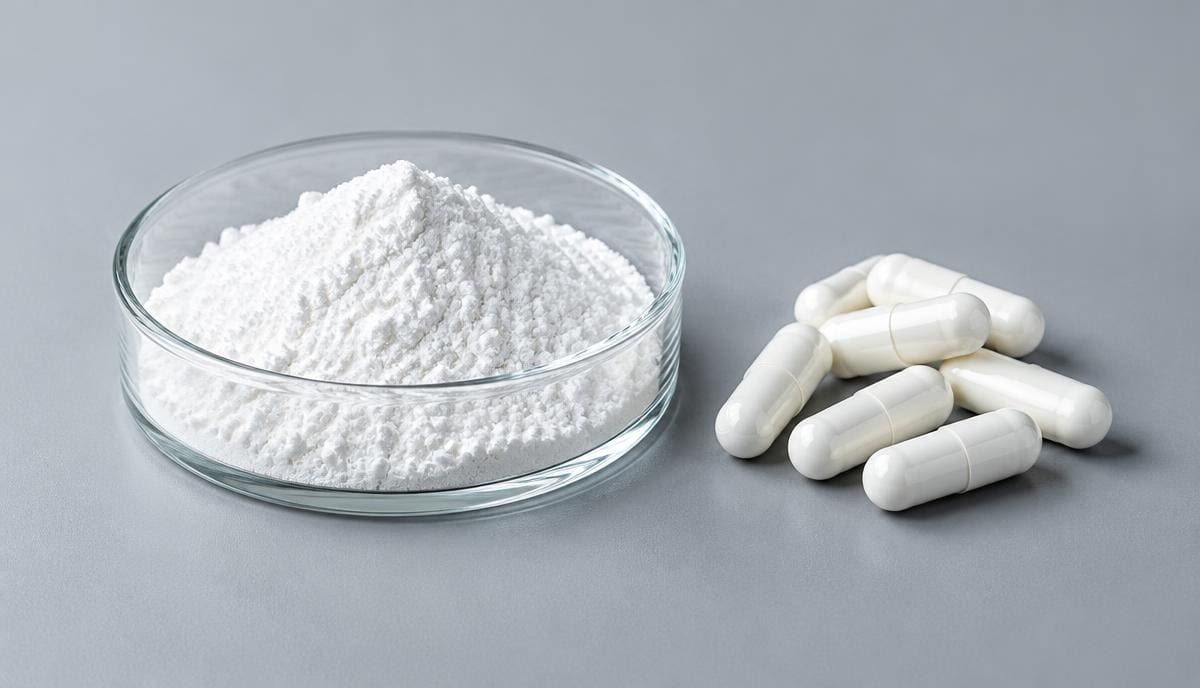DoseRoutine L-Carnitine White amino acid powder in a dish beside white capsules