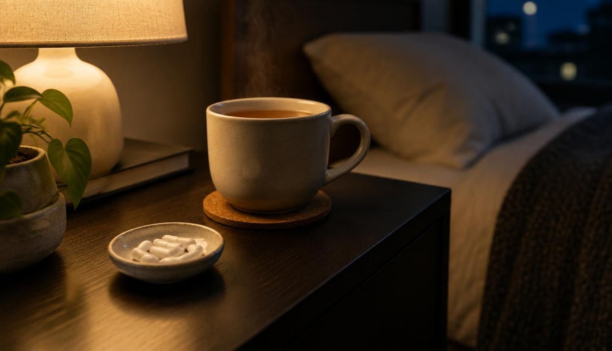 DoseRoutine L-Theanine (Sleep) White capsules in a small dish beside a warm cup at a bedside
