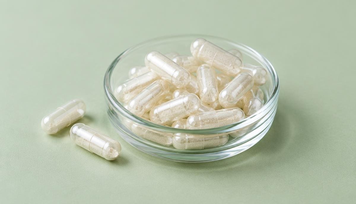 DoseRoutine Larazotide Oral capsules in a clear dish on a light neutral surface
