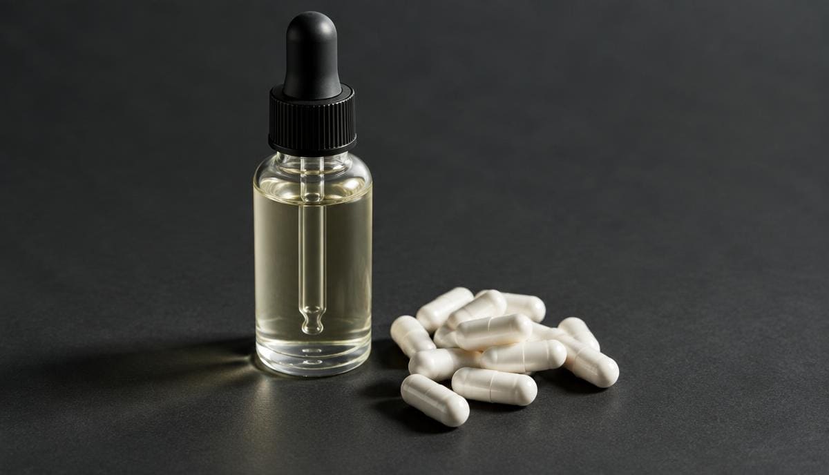 DoseRoutine Ligandrol Amber dropper bottle of research liquid on a dark matte bench