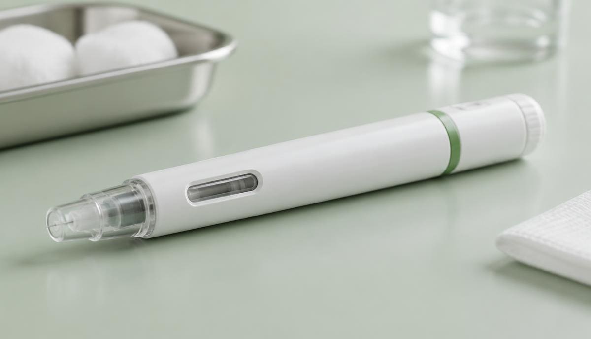 DoseRoutine Liraglutide White liraglutide injection pen with a green dose ring on a clinic bench