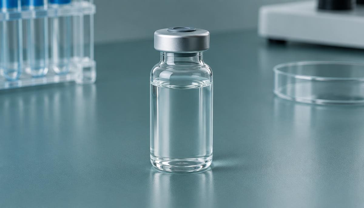 DoseRoutine LL-37 Sterile research vial of clear solution on a steel tray