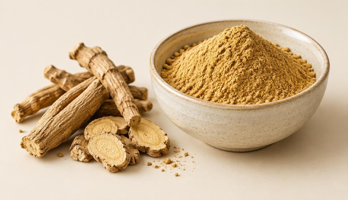 DoseRoutine Maca Root Tan maca root powder in a bowl beside whole dried roots