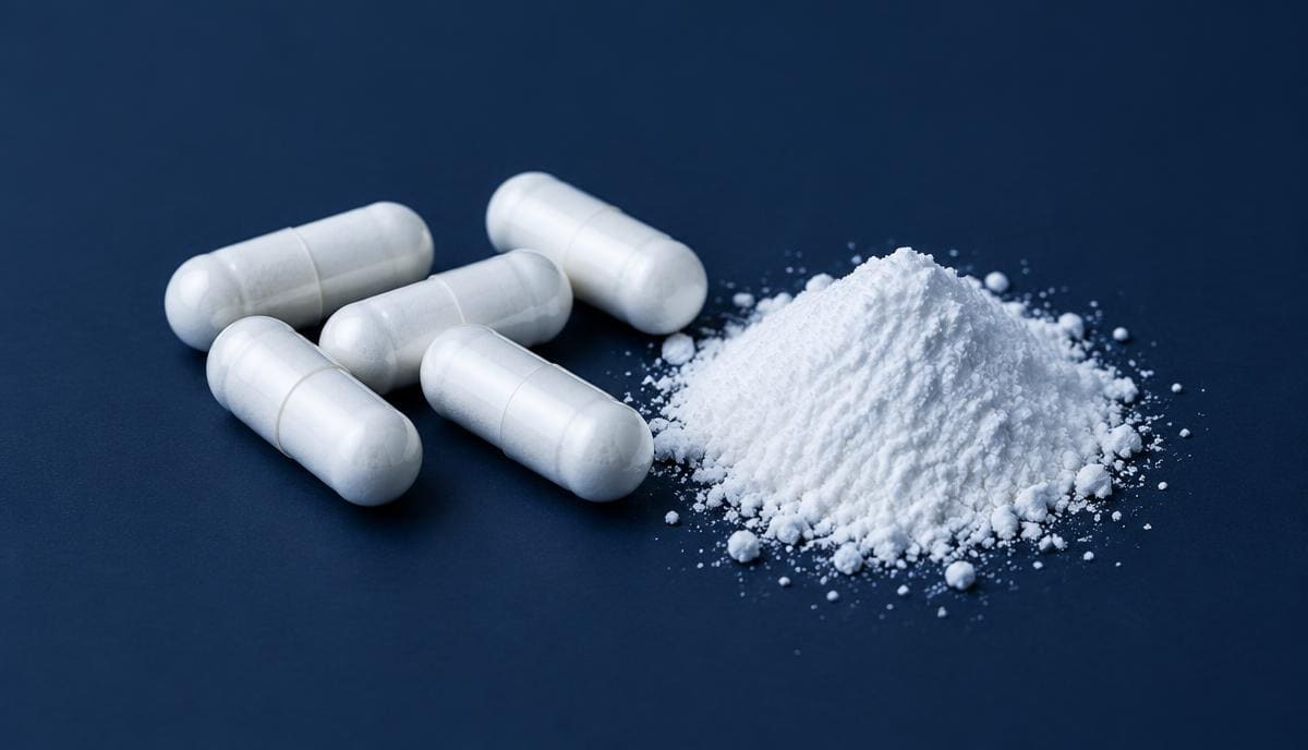 DoseRoutine Magnesium L-Threonate Magnesium L-threonate capsules beside a small pile of white powder