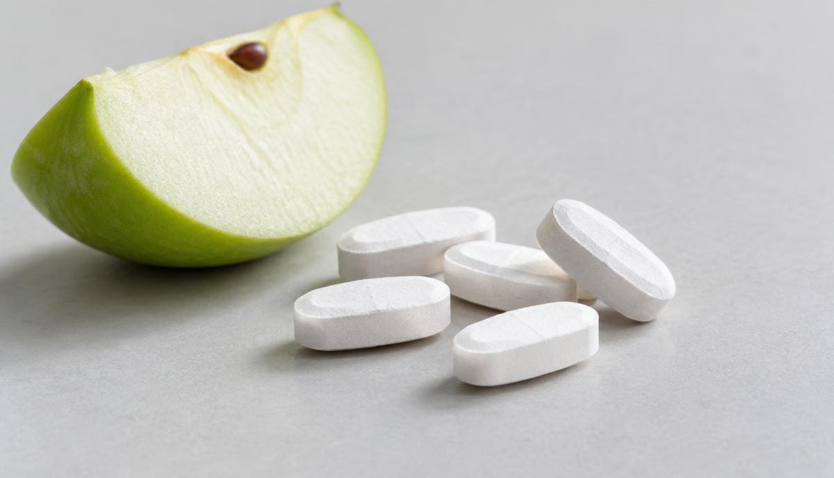 DoseRoutine Magnesium Malate White magnesium malate tablets beside a green apple slice