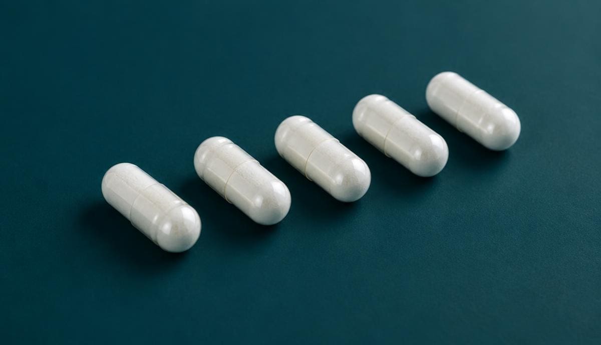 DoseRoutine Magnesium Taurate White magnesium taurate capsules in a row on a deep teal surface
