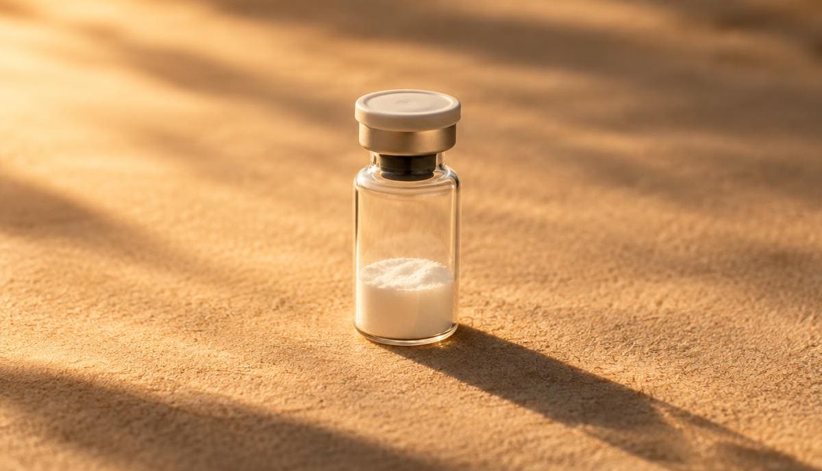 DoseRoutine Melanotan I Peptide vial on a warm sunlit sand-toned surface