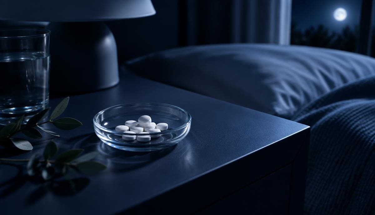 DoseRoutine Melatonin Small white tablets in a glass dish on a dark bedside table