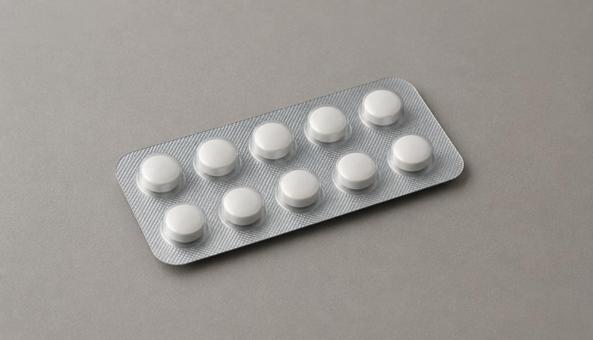 DoseRoutine Mesterolone Small white tablets in a glass dish on a pale grey surface