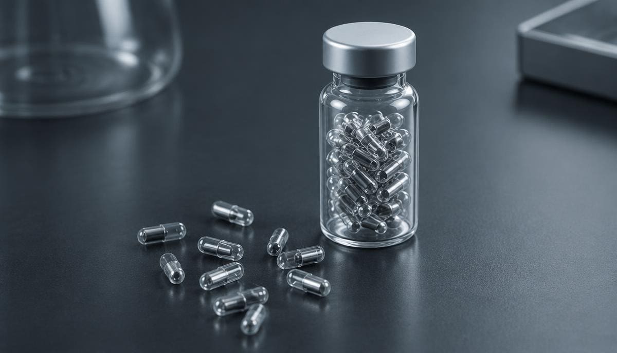 DoseRoutine Molybdenum Tiny clear molybdenum capsules in a glass vial on a dark laboratory bench