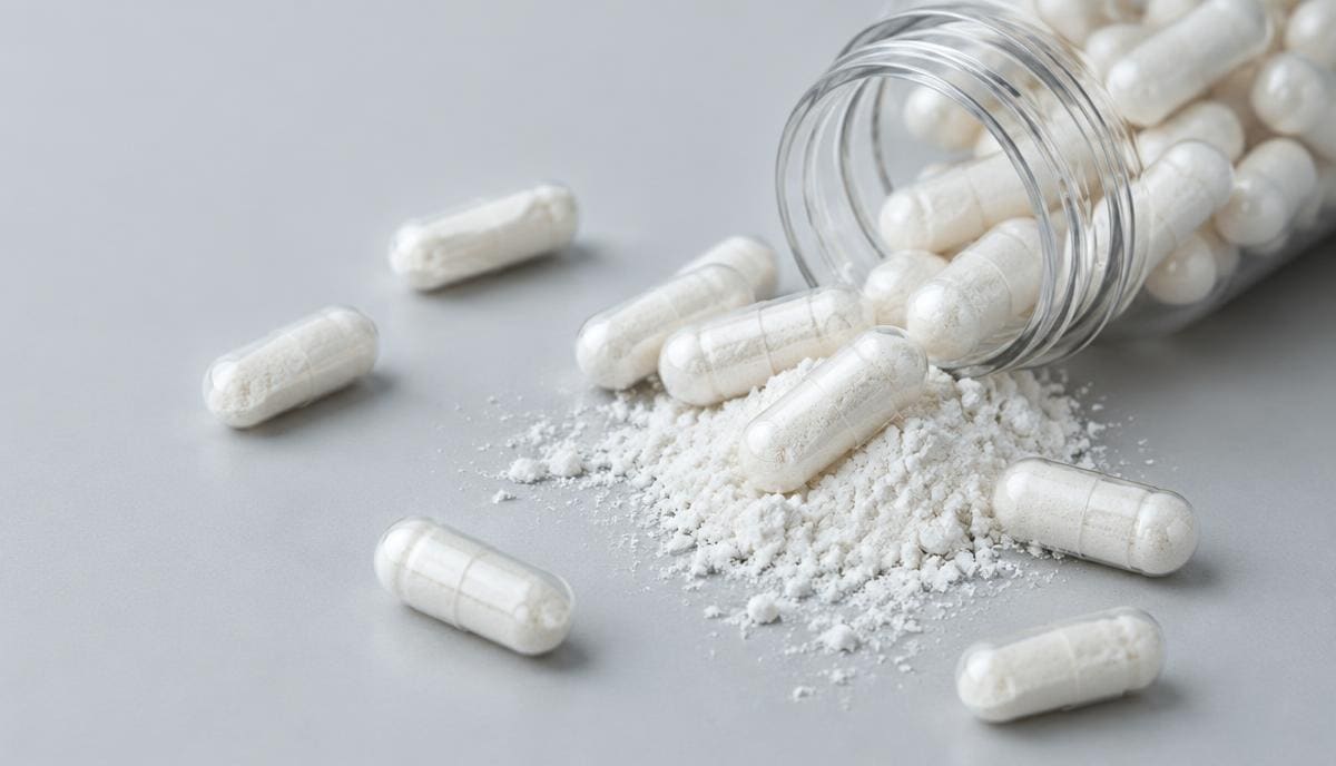 DoseRoutine NAC (N-Acetyl Cysteine) White capsules spilling from a glass jar beside white powder