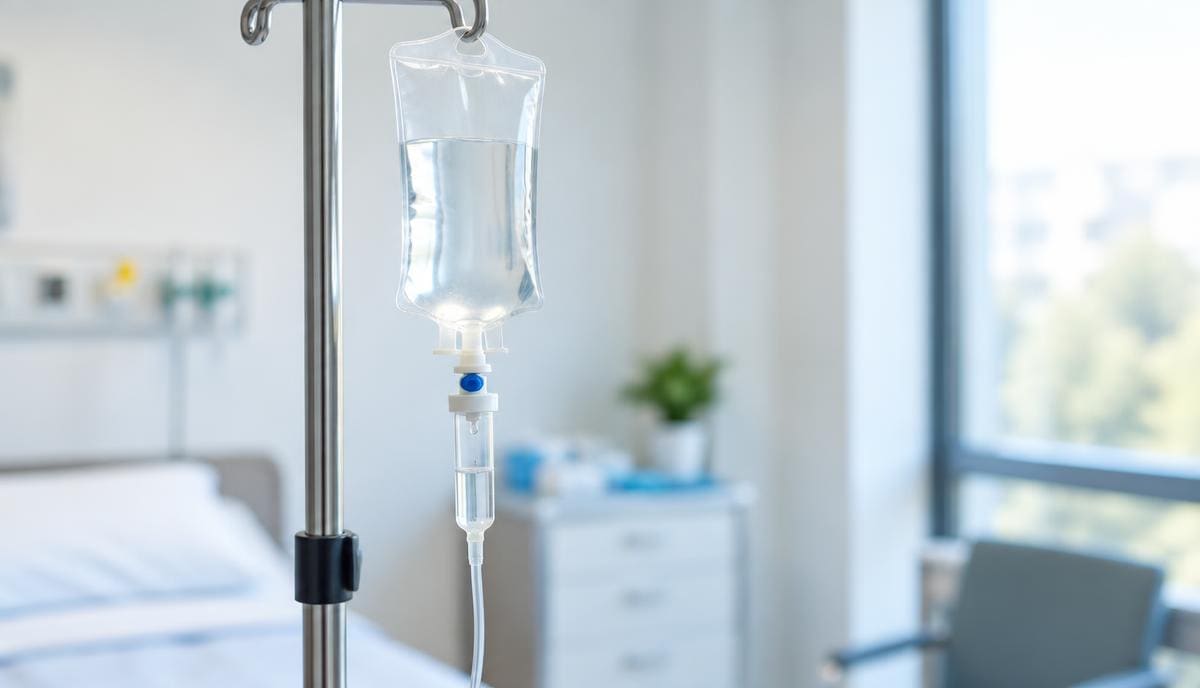 DoseRoutine NAD+ IV Clear IV vial and tubing on a matte clinical surface