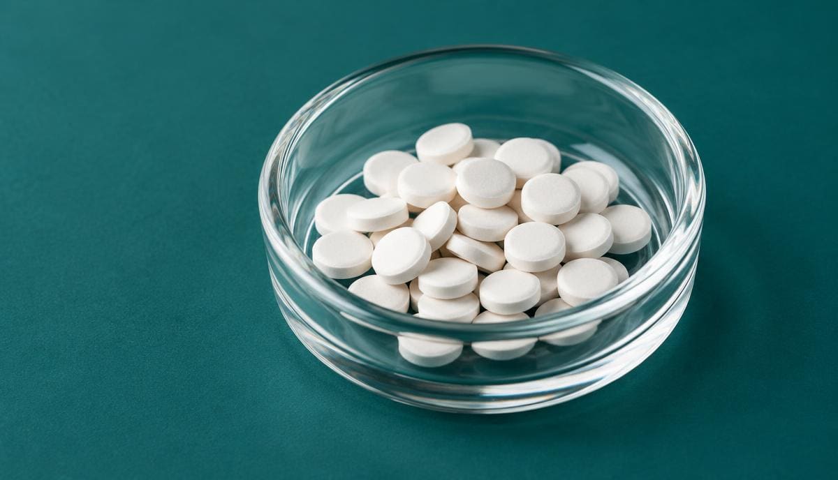 DoseRoutine NAD+ Sublingual White sublingual tablets in a clear glass dish on deep teal