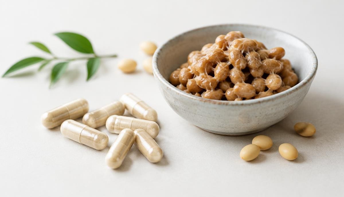 DoseRoutine Nattokinase Fermented soybeans in a bowl beside pale enzyme capsules
