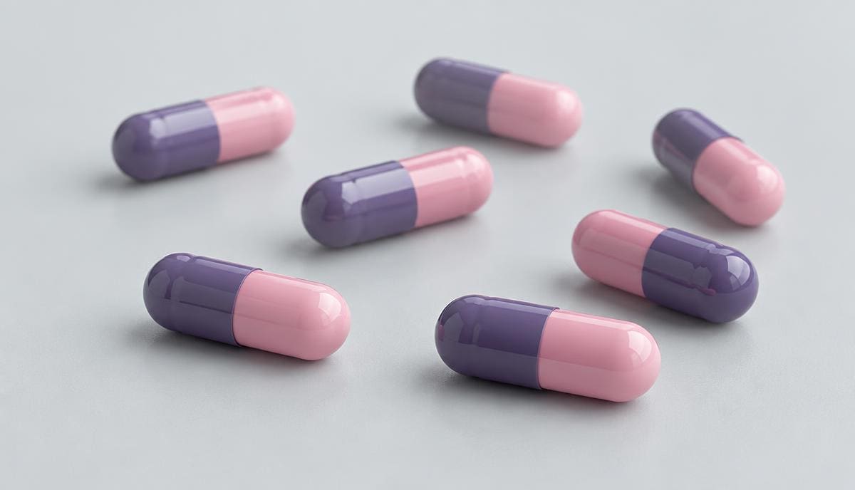 DoseRoutine Omeprazole Purple and pink delayed-release capsules on a matte pale grey surface