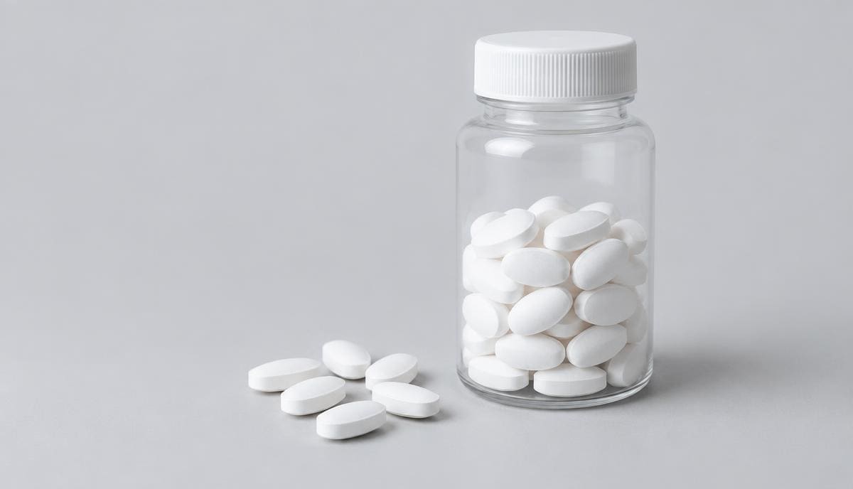 DoseRoutine Oxandrolone Tiny white tablets in a clear glass dish on a pale surface
