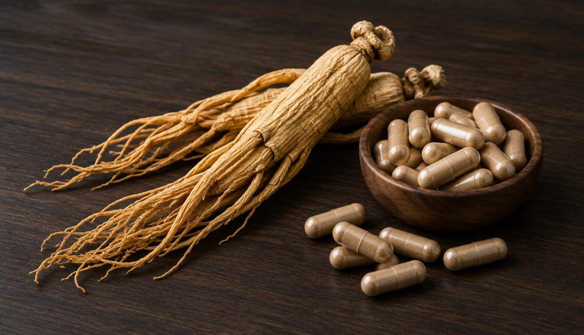 DoseRoutine Panax Ginseng Dried ginseng roots beside tan extract capsules on dark wood