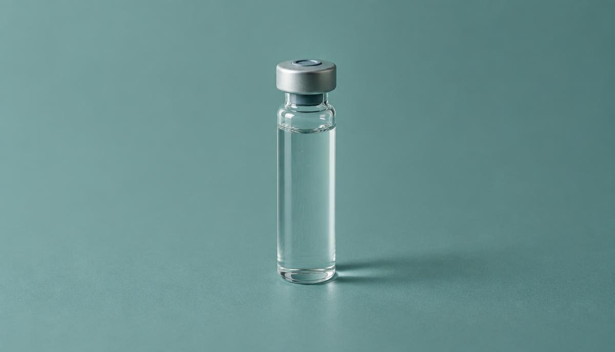DoseRoutine PE-22-28 Sealed peptide vial on a matte dark blue surface
