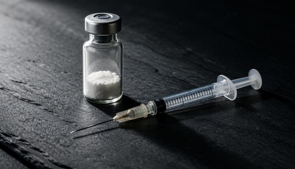 DoseRoutine PEG-MGF Peptide vial with fine powder cake beside a syringe on steel