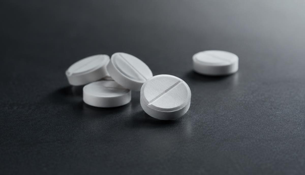 DoseRoutine Phenylpiracetam White scored tablets on a matte graphite surface