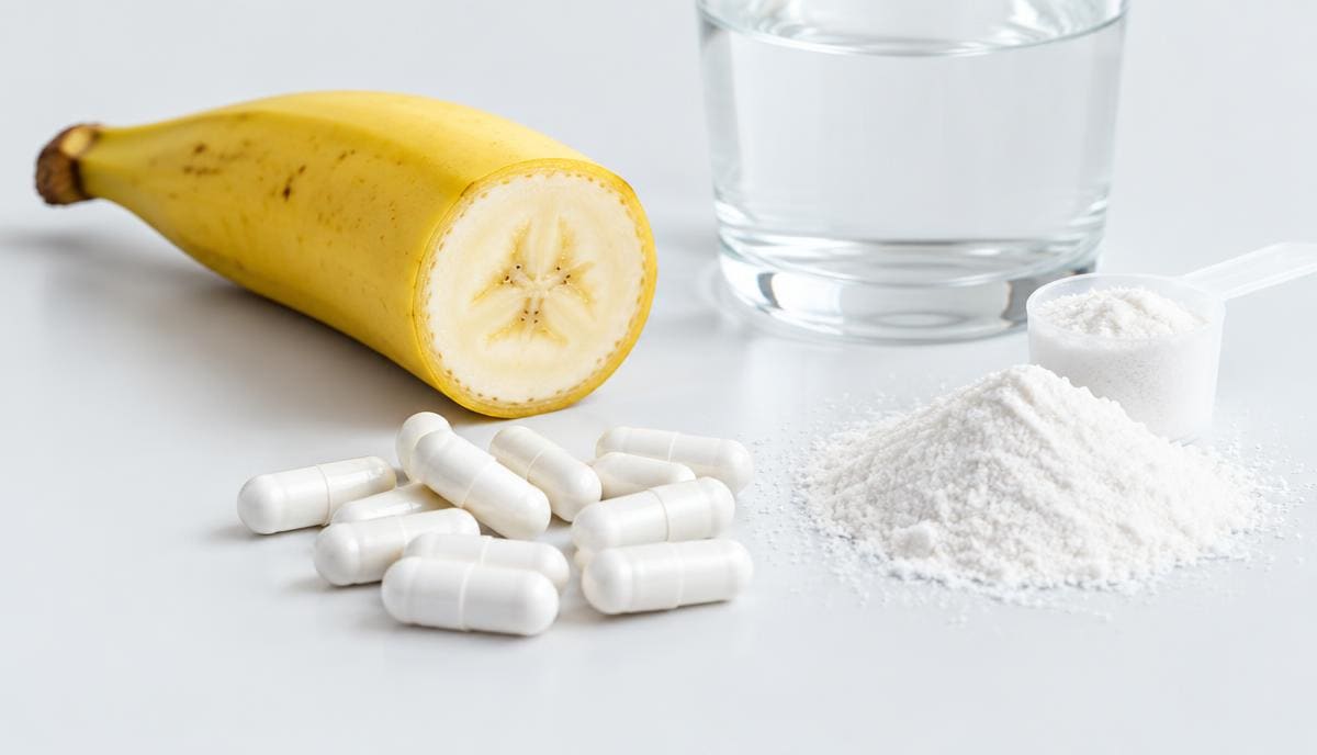 DoseRoutine Potassium White potassium capsules beside a banana half and electrolyte powder