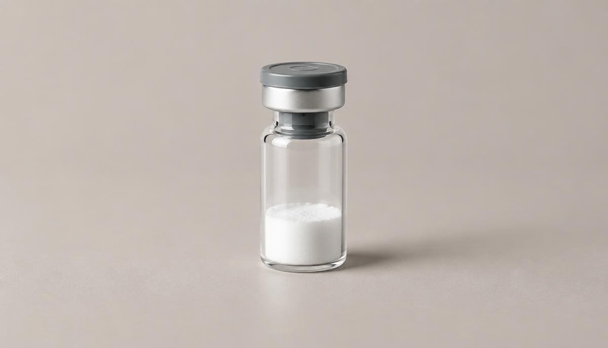DoseRoutine Pralmorelin Lyophilized peptide vial beside bacteriostatic water on grey stone