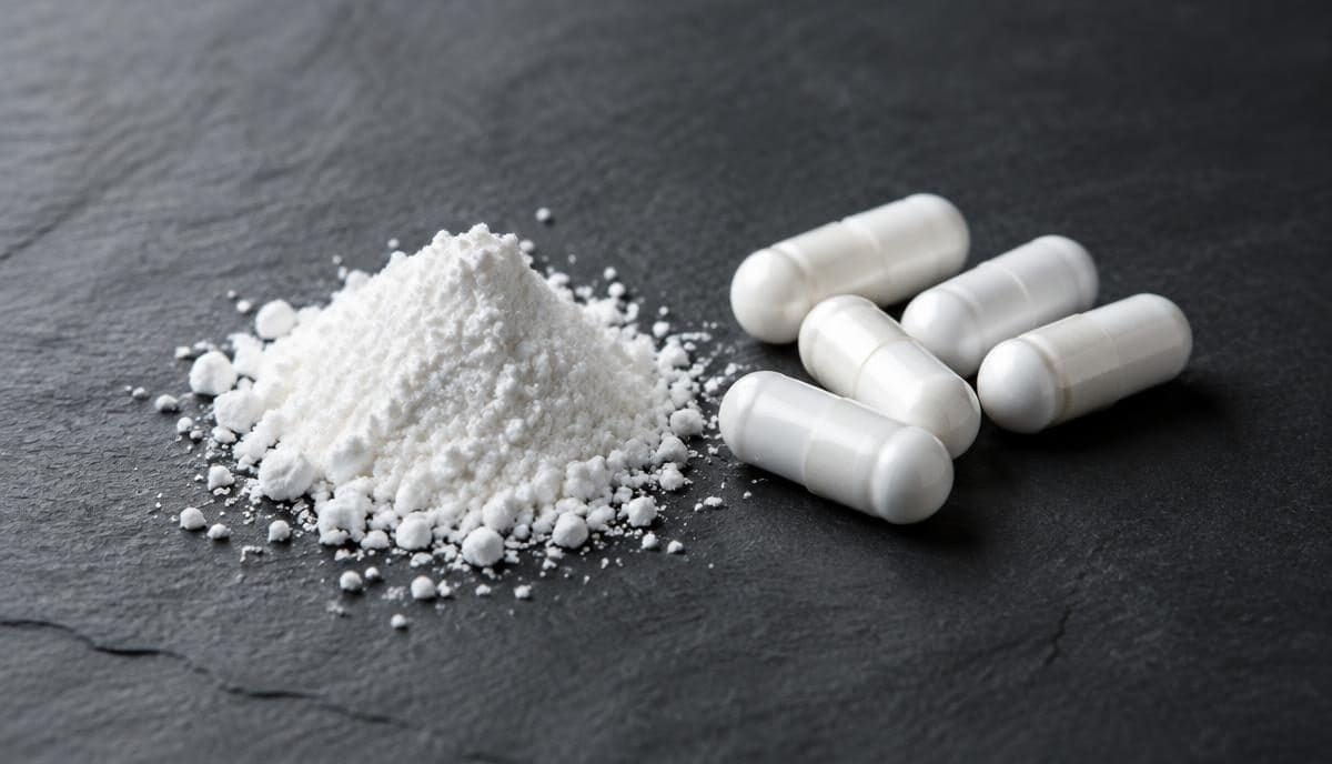 DoseRoutine Pramiracetam White capsules beside a small pile of white powder on slate