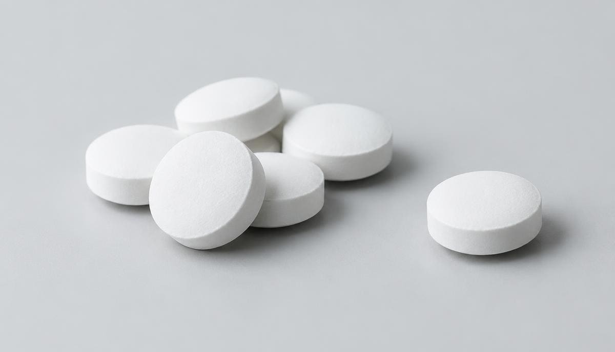 DoseRoutine Pravastatin White round tablets on a pale grey surface with a soft shadow