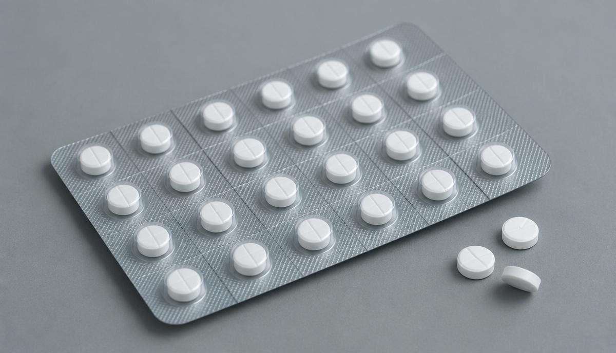 DoseRoutine Prednisone White scored tablets in a silver blister dose pack on a grey surface