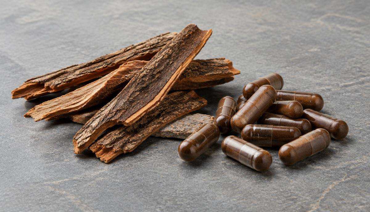 DoseRoutine Pygeum Dried tree bark strips beside dark brown herbal capsules