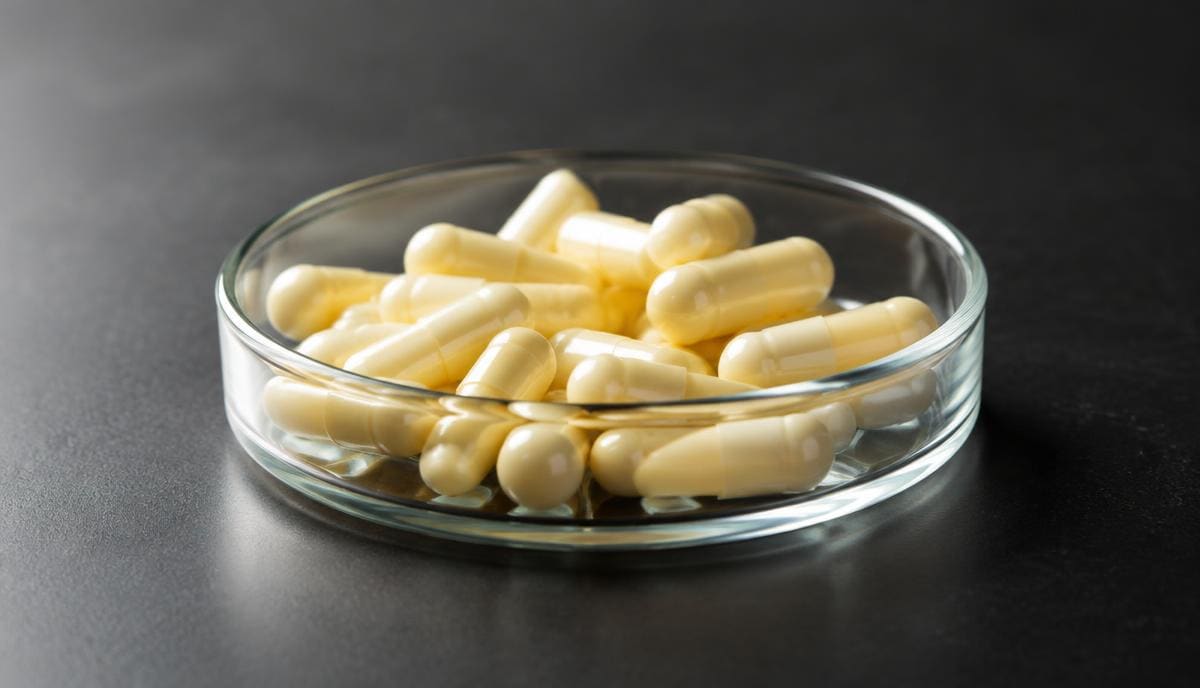 DoseRoutine R-Alpha Lipoic Acid Pale yellow capsules in a glass dish on charcoal