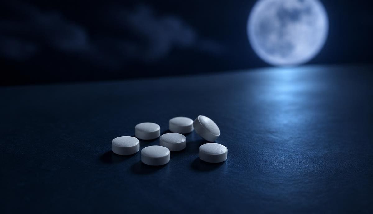 DoseRoutine Ramelteon Pale round tablets on a dark surface lit by soft moonlight