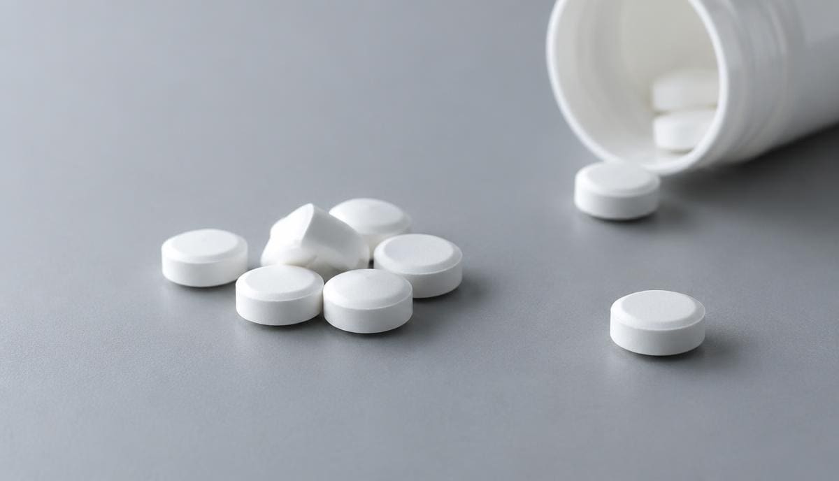 DoseRoutine Rasagiline Tiny white round tablets beside a tipped bottle on a cool grey surface