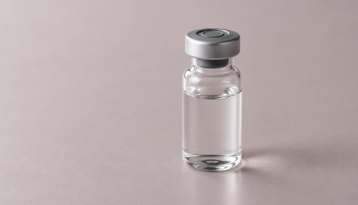 DoseRoutine Relaxin-2 Clear research vial of solution on a pale clinical bench