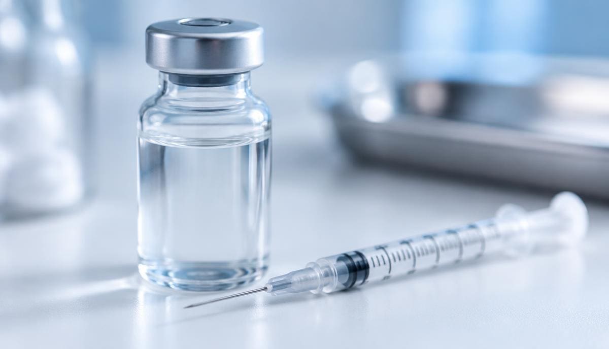 DoseRoutine Retatrutide Sterile retatrutide vial of clear solution beside an insulin syringe