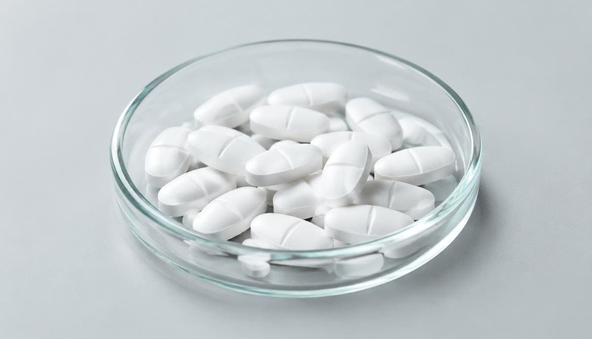 DoseRoutine SAM-e White enteric-coated tablets in a glass dish on pale grey