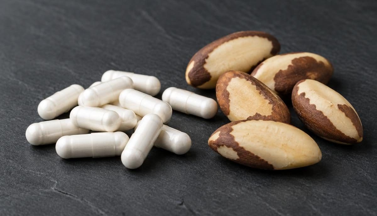 DoseRoutine Selenium White selenium capsules beside shelled Brazil nuts on dark stone