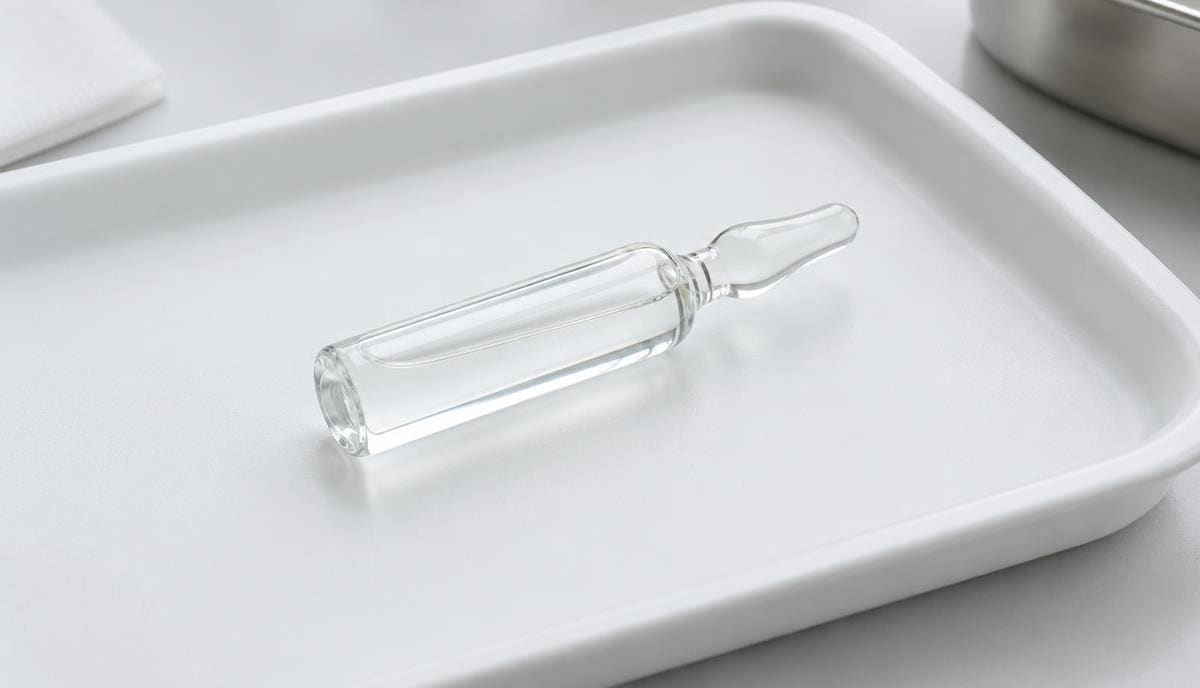 DoseRoutine Serelaxin Sterile vial of clear solution on a stainless steel tray