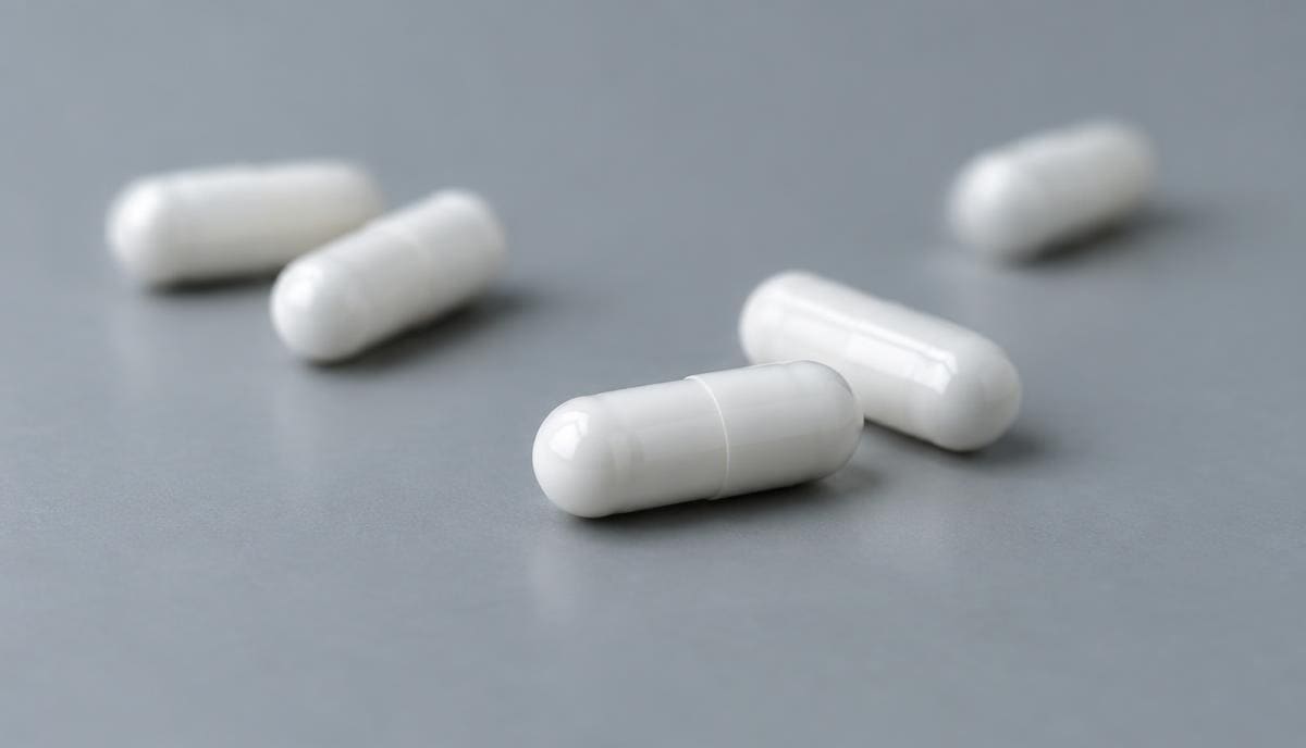 DoseRoutine Serrapeptase Small white enzyme capsules on a matte cool grey surface